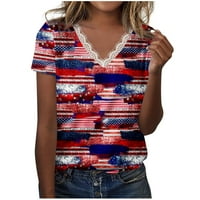 Július 4 csipke Trim V nyakú felsők Női laza Fit alkalmi nyári Rövid ujjú amerikai zászló minta grafikus tunika póló