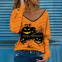 Manwang Tök Nyomtatás Hosszú Ujjú Női Pulóver Alkalmi Denevér Nyomtatás V-Nyakú Halloween Tunika Blúz Streetwear