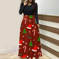 Odeerbi karácsonyi ruhák nőknek karácsonyi nyomtatás Hosszú ujjú Kerek nyakú hosszú ruha strand alkalmi Maxi Sundress