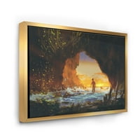 Designart 'A tengeri barlang naplementekor, az ember sétálva a tengeri és parti keretes vászon fali művészetben