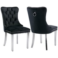 Étkező székek készlet 2, Modern kárpitozott bársony étkező székek Nailhead Trim és króm rozsdamentes acél borítás tömörfa
