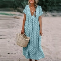 Női ruhák Maxi Laza Nyomtatott Rövid ujjú A-Line V-nyakú nyári ruha kék S