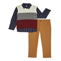 A Wonder Nation Boys öltöny pulóver mellényvel, gombos ing és twill nadrág, 3 darabos ruhakészlet, Méret 4-10