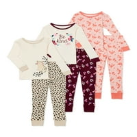 Wonder Nation Baby és Kisgyermek lány hosszú ujjú, fitt pamut pizsamák, 6 darabos készlet, mérete 12m-5t