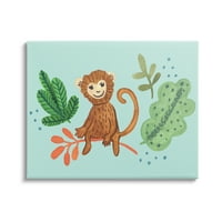 Stupell Industries Aranyos majom ülő növények levelek illusztráció festmények galéria csomagolt vászon nyomtatott fali