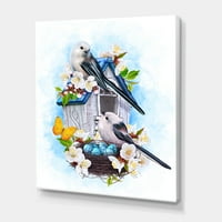 Két cici madár ült a fészek közelében tojással és fehér virágokkal II festmény vászon art nyomtatás