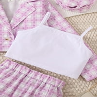 HU lány kockás nyomtatás Cami termés felsők és Bodycon Mini szoknya blézer felsőruházat és kalap ruha lila-fehér 11-12Y