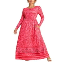 Glonme Floral Print Teljes hosszúságú ruha női Laza nyaralás Maxi ruhák rakott egy vonal ruha zseb Piros S