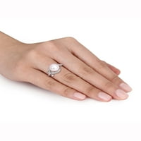 Fehér tenyésztett édesvízi gyöngy és gyémánt-Accent 10 kt fehérarany gyűrű