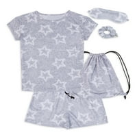 Wonder Nation Girls póló, rövidnadrág, szemmaszk, scrunchie & táska pizsama szett, 5 darab, méretek 4- és plusz