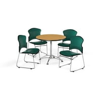 Multi-Use szünet szoba csomag, 36 kerek asztal Vinyl Stack székek, tölgy kivitelben krómozott acél alap és kékeszöld