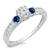 0. Karátos 18K fehér arany kerek vágott kék zafír & fehér gyémánt női menyasszonyi kő eljegyzési gyűrű CT