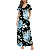 Női alkalmi laza Sundress hosszú ruha Rövid ujjú Split Maxi ruhák nyári strand ruha zsebekkel Kék Clearance