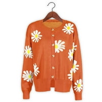 Ikevan Női Alkalmi Virágos Nyomtatott Hosszú Ujjú Kötött Kardigán Pulóver Kabát Narancssárga 12