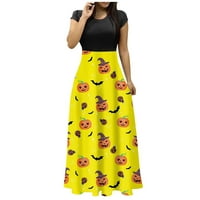 Női Halloween Nyomtatás Színes hosszú ruha Rövid ujjú nyomtatási ruhák Beach Casual Maxi Sundress, Sárga XL