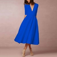Női ruhák Clearance boka hossza könyök hosszúságú laza A-Line szilárd V-nyakú nyári ruha Kék XL