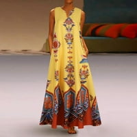 Női ruhák nők plusz méretű nyomtatás Napi Alkalmi Ujjatlan Vintage Bohém V nyakú Maxi ruha Női felsők Sárga XL