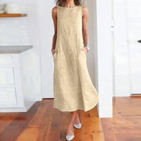 Állandó Maxi ruhák nőknek Női Alkalmi csíkos nyomtatás Ujjatlan Ruha nyak zseb Hosszú ruha Khaki, S