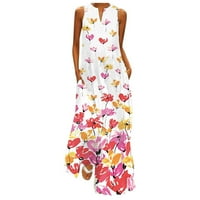 Royallove női nyári Maxi ruha, Női alkalmi laza Maxi szoknya ujjatlan Virágmintás strand Maxi ruha zsebekkel rakott