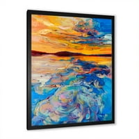 Designart 'Whirly kék hullámok narancssárga naplemente alatt' Tengeri és tengerparti keretes művészet