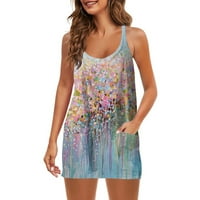 Női nyári ruhák alkalmi Ujjatlan Spagetti heveder Virágmintás nyomtatás Beach Mini rövid ruha zsebekkel S