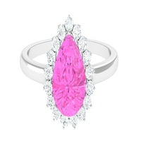 Lab nőtt rózsaszín zafír gyűrű Moissanite Halo a nők - AAAA minőségű, 14k fehér arany, US 9.00