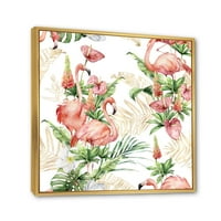 Designart 'Trópusi virágok és arany levelek rózsaszín flamingókkal' hagyományos keretes vászon fali művészet