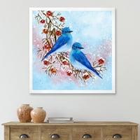 Designart 'Két kék madár ág ül egy ágon bogyókkal télen' hagyományos keretes művészeti nyomtatás