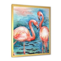 Designart 'rózsaszín flamingók szeretik a madarakat kék vízben i' parasztház keretes művészeti nyomtatás