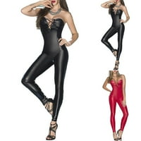 Női Wetlook Csipke Fel Nightclub Body Fau Bőr Jumpsuit Clubwear Piros M