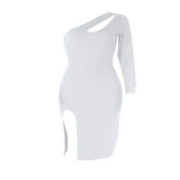 Glonme Női Bodycon ruhák egy váll Midi ruha Hosszú ujjú utazás sima Slim Fit üreges Fehér XL