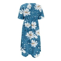 Női ruhák Clearance virágos gombóc nyak a-Line boka hossza Divat Rövid ujjú nyári ruha Kék XL