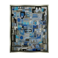 Stupell kék geometriai formák kollázs absztrakt festés szürke úszó keretes művészeti nyomtatási fal művészet