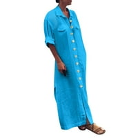 Puntoco Plus Size Clearance női fél ujjú szilárd gomb vászon laza ing hosszú ruha kék 8