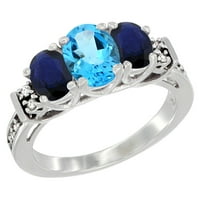 14k fehér arany természetes svájci kék topáz & HQ Kék zafír gyűrű 3-kő ovális gyémánt akcentus, Méret 8.5