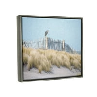 Stupell madár ülő tengeri tengerparti kerítés tájfestés szürke úszó keretes művészeti nyomtatási fal művészet
