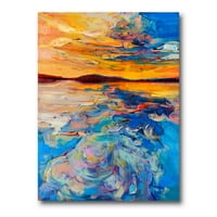 Designart 'Whirly kék hullámok narancssárga naplemente alatt' Tengeri és tengerparti vászon fali művészet