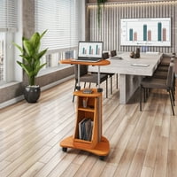 Techni Mobili Sit-to-Stand gördülő állítható magasságú Laptop kosár tárolóval, Woodgrain