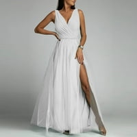 Női ruhák ujjatlan A-vonalú boka hosszúságú alkalmi V-nyakú Szilárd nyári ruha Fehér XL