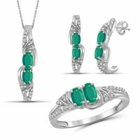 Carat T.G.W. Smaragd és fehér gyémánt akcentus ezüst 3 darabos ékszerkészlet